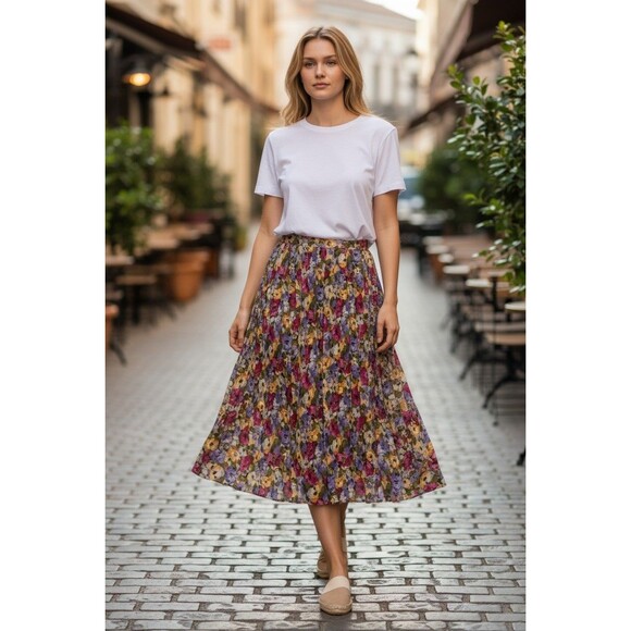 Brooks Brothers Floral Pleated A Line Cotton Midi Skirt Multicolor Womens 10 - Picture 1 of 6